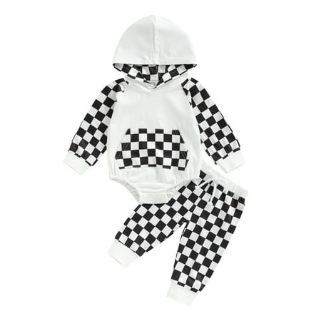 

Calsunbaby Infants Baby Boys Girls 2Pcs Outfits Checkerboard Plaid Long Sleeve Hooded Romper with Long Pants Clothes Sets White 0-3 Months