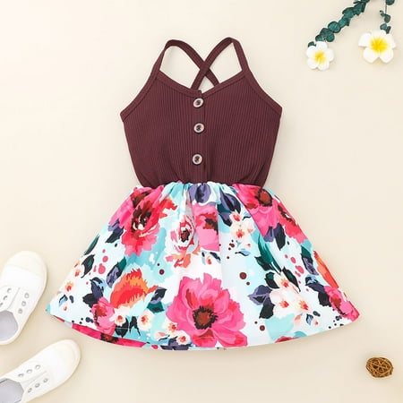 

THE WILD Girls Dresses Fashion Patchwork Floral Print Square Neck Sleeveless Mini Girls Dresses Wine