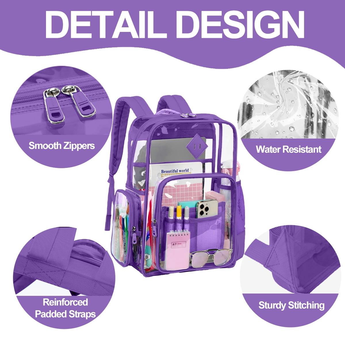 Sanmadrola Clear Backpack Heavy Duty Stadium Approved School Bookbag PVC Backpacks for Adults Travel