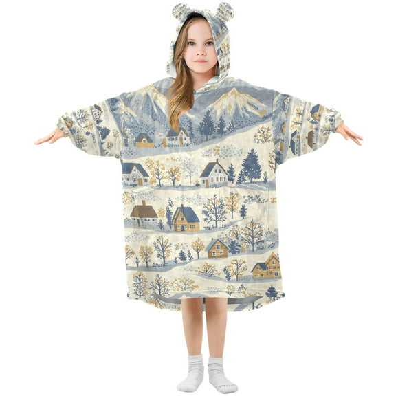 FORMRS Wearable Blanket Hoodie with Sleeves for Kids Cozy Flannel Sweatshirt, Snowy Mountains