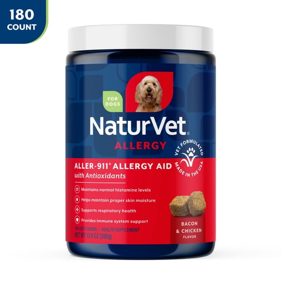 NaturVet Aller-911 Allergy Aid Supplements for Dogs, Bacon and Chicken Flavor, 180 Count