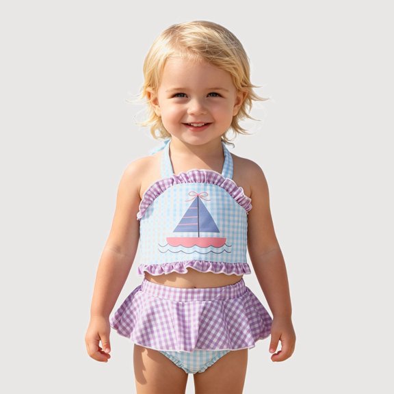 Gyujnb Gingham Print Two-Piece Swimsuit with Ruffled for Summer Beach Pool (Baby,Toddler),2-3 Years