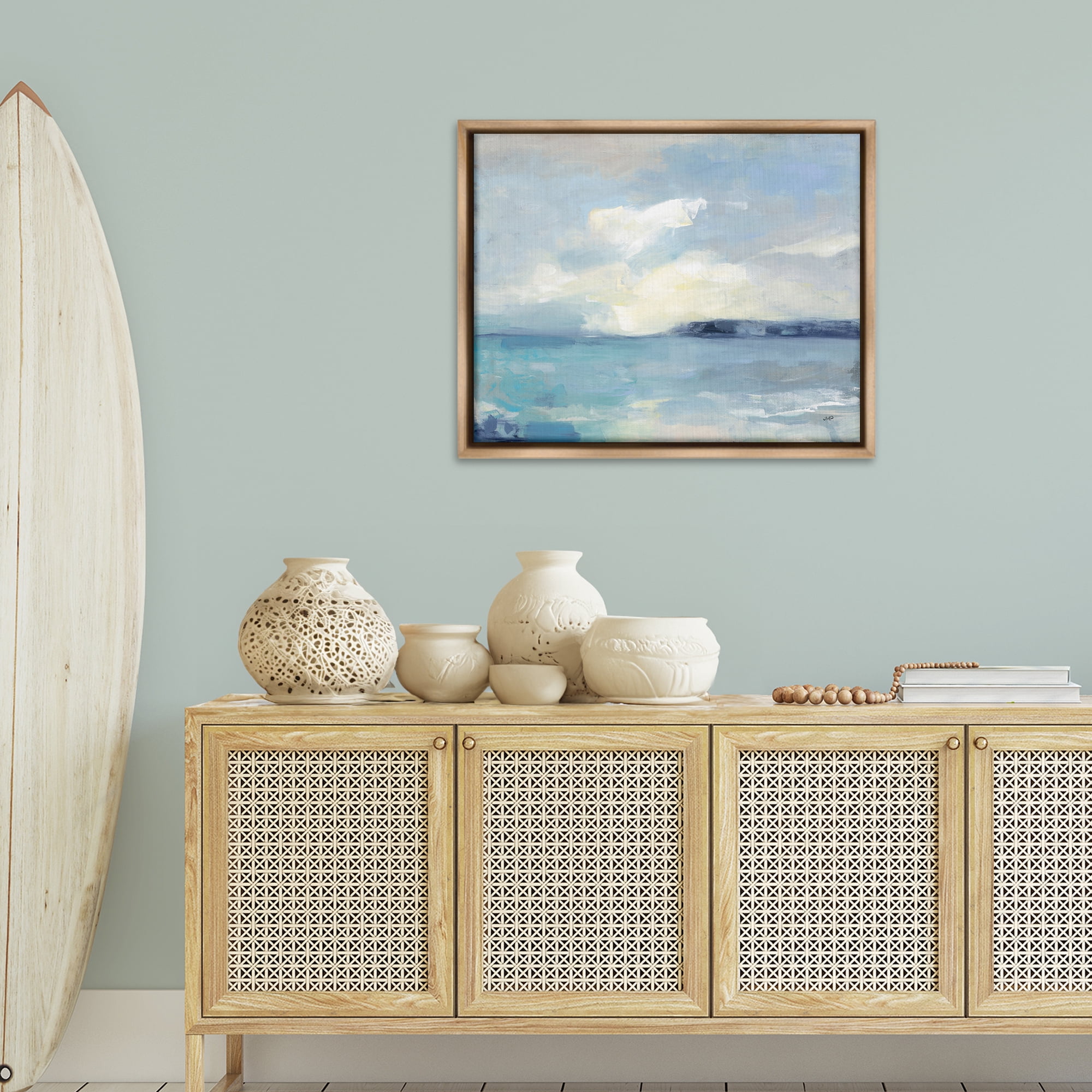 Stupell Industries Sunny Peninsula Seascape Landscape & Nature Painting Brown Floater Framed Canvas Art Print Wall Art, 31 x 25