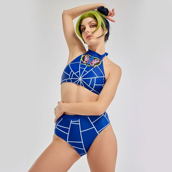 Women Swimsuits Butterfly Prints for Bathing Colorful Bikini Set Halter Top and and Spiderweb Prints Shorts Two Piece Bathing Suit Swimwear