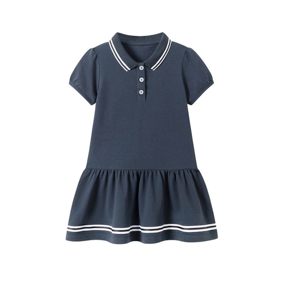 FINALGANG Toddler Kids Girls Solid Color Polo Dress Striped Trim Short Sleeve Ruffle Hem Casual A Line Dress For Daily School Wear Black 5-6 Years