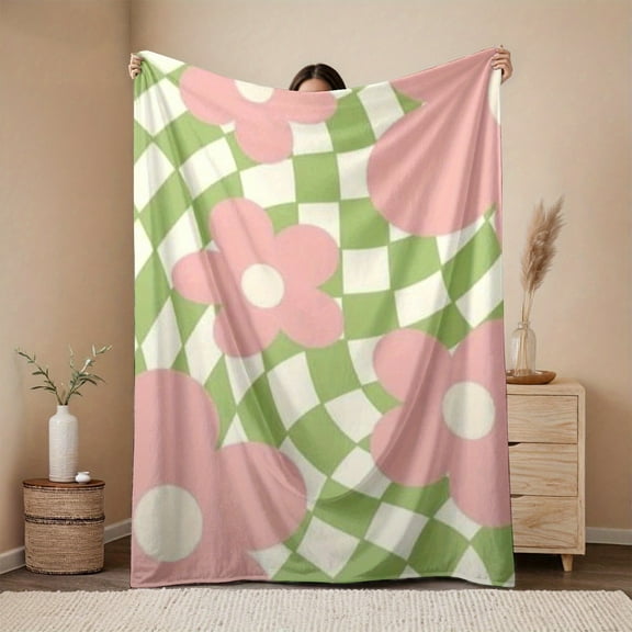 Large Flannel Blanket - Contemporary Floral & Checkered Pattern, Soft Pink & Green, All-Season Multi-Use for Sofa Bed Car Outdoor Garden, Cozy Gift, Throw Blanket for Couch, Gift Item