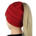 thumbnail image 3 of C.C BeanieTail Soft Stretch Cable Knit Messy High Bun Ponytail Beanie Hat, Red, 3 of 3