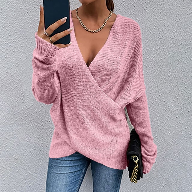RKSTN Sweaters for Women Fashion Solid Color Long Sleeve Pullove V-Neck Shirt Sweater Tops Fall Sweaters
