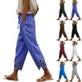thumbnail image 2 of Yuanlook Women's Relaxed Fit Drawstring Linen Cotton Cropped Pants, Solid Eyelet Embroidery Scallop Hem Summer Beach Bottoms S-XXXL, 2 of 5
