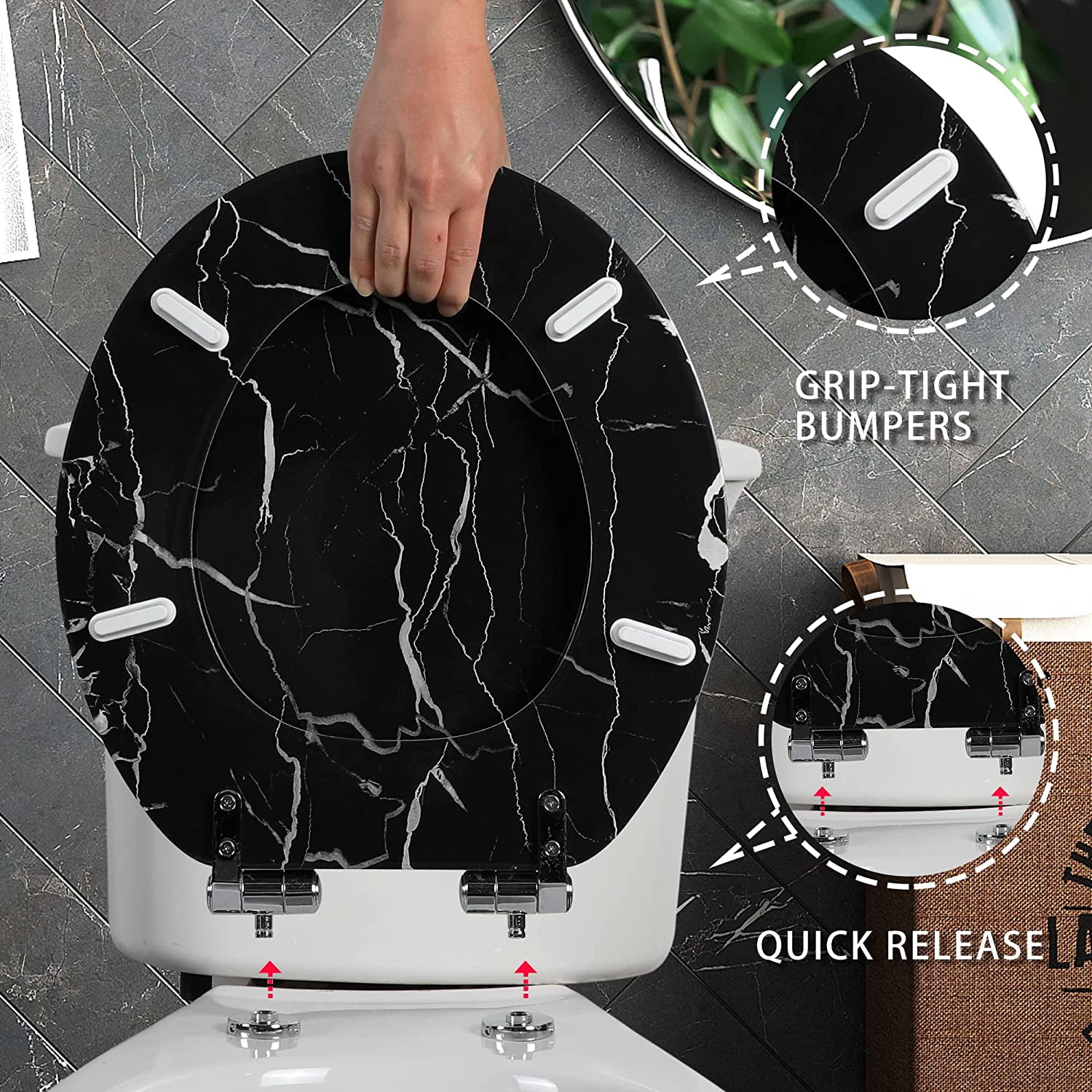 Marble Toilet Seat Durable Molded Wood with Quiet Close,Easy Clean，Quick-Release Hinges (Round,Black Marble)