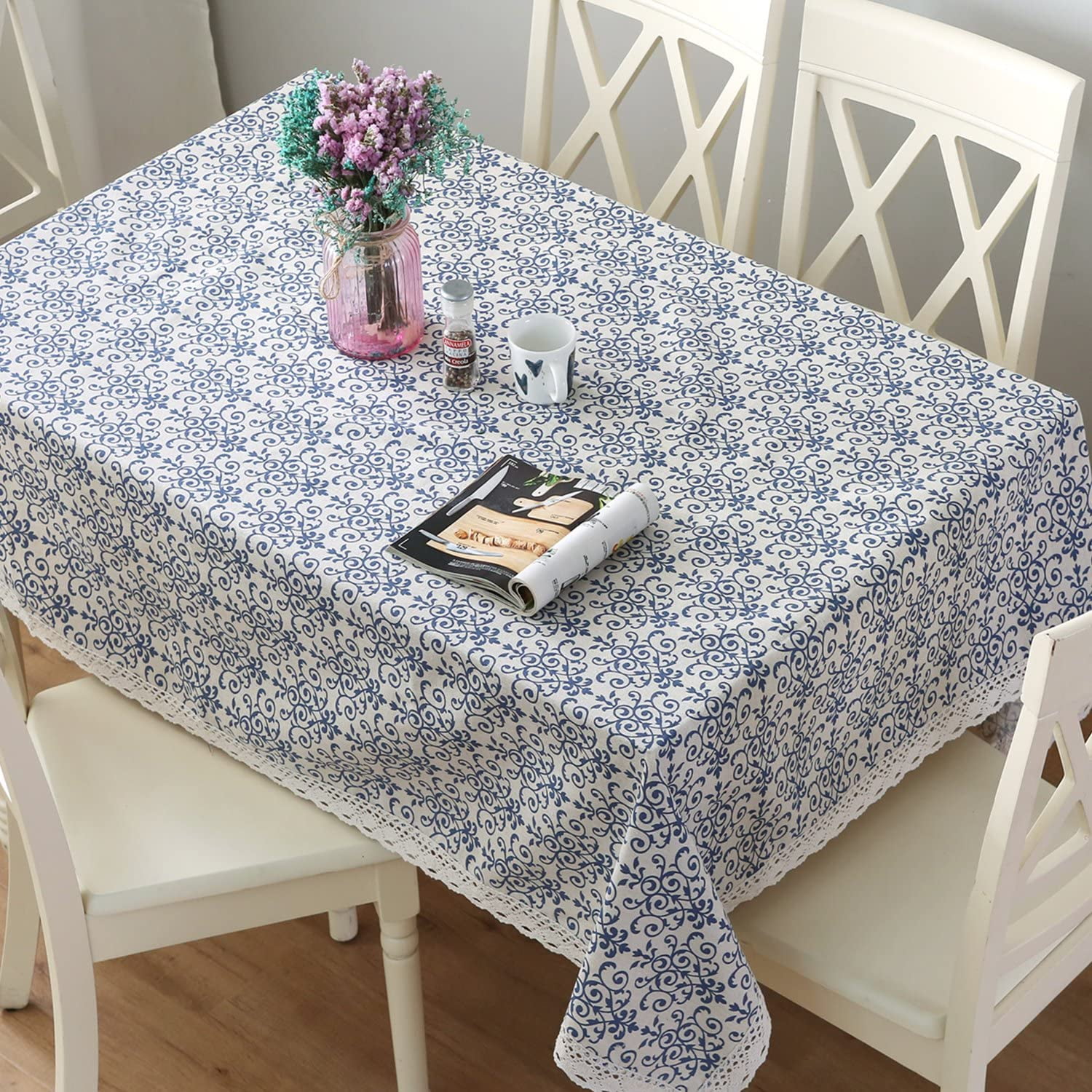 famibay Dustproof Washable Tablecloth,Everyday Kitchen Table Cloth Indoor Outdoor Decorative Macrame Lace Tablecloth Navy Blue Jacquard Damask Design（55 Inch x 98 Inch  Bangzhe-AA0005