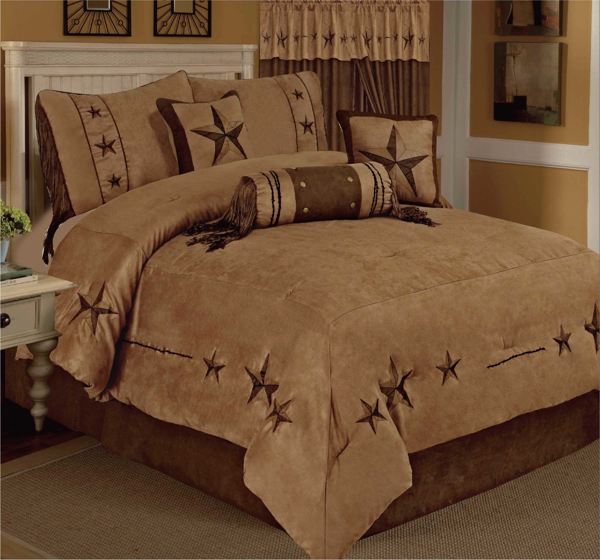Rustic Brown Coffee Texas Star Western Luxury Comforter Suede Leather 7 pcs 