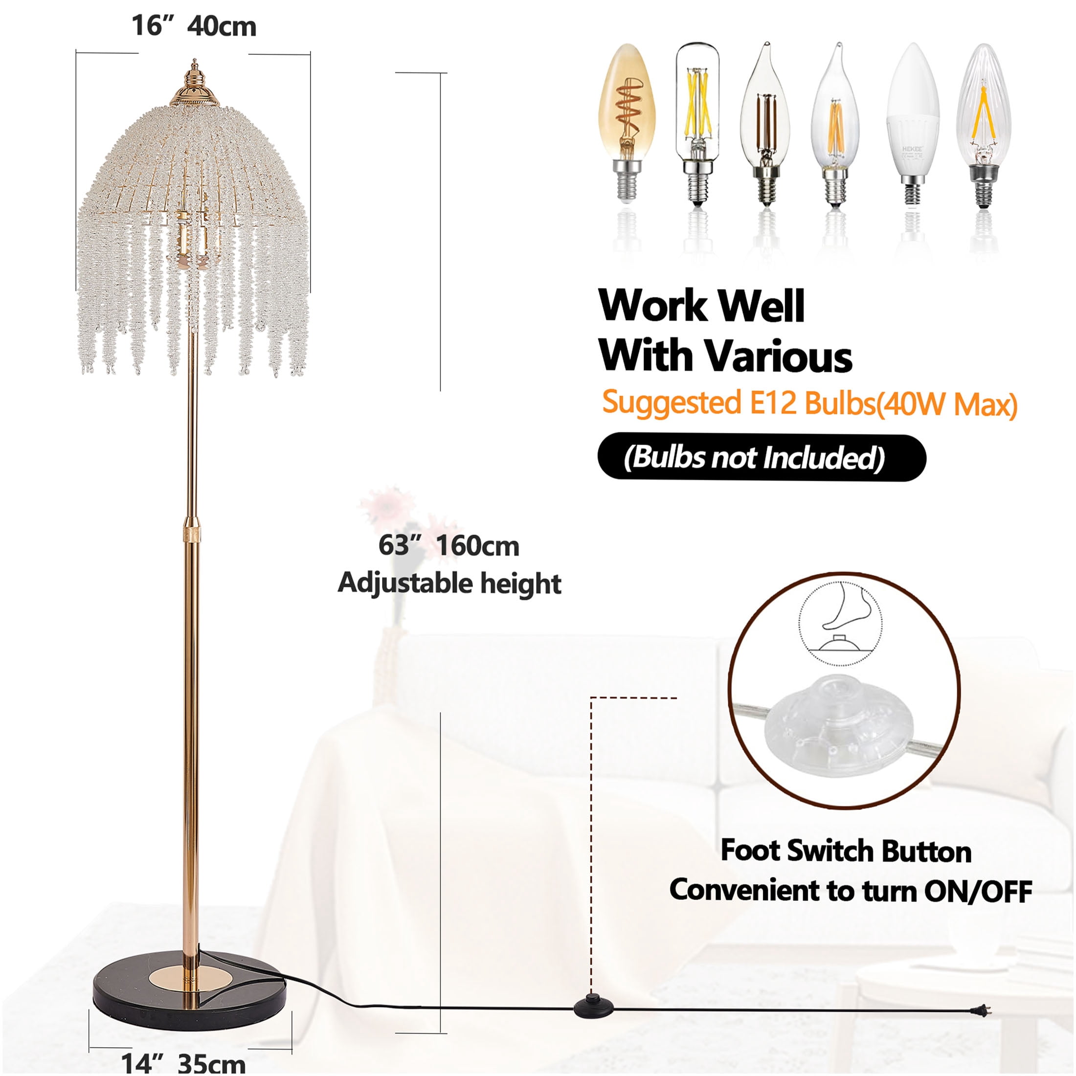 JERFIT 3-Light Crystal Floor Lamp with Waterfall Beads, Vintage Gold Iron Floor Light for Living Room, Bedroom, Office Decor, Plug-in with Foot Switch, No Bulbs Included