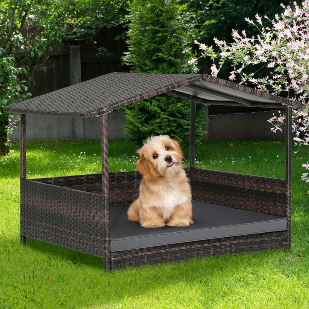 YYAo Dog Crate, Pet Crate, Pet Kennel, Outdoor Wicker Dog House with Weatherproof Roof-Gray