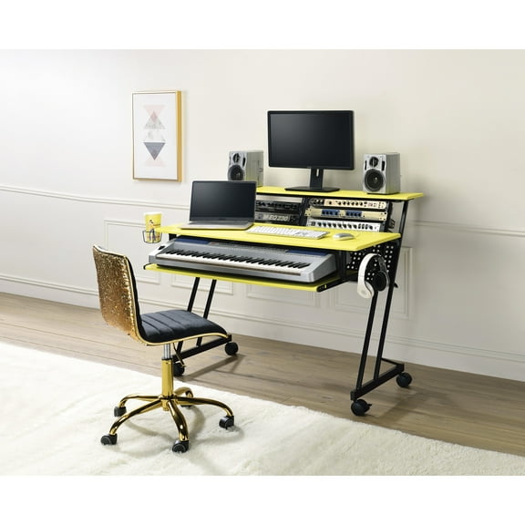 Music Recording Table Desk Yellow & Black, 47"l X 18"d Top, 40"l 16"d 6"h Keyboard Holder, 43" Tv Suitable, Assembly Computer Slot, Accommodatable, Construction