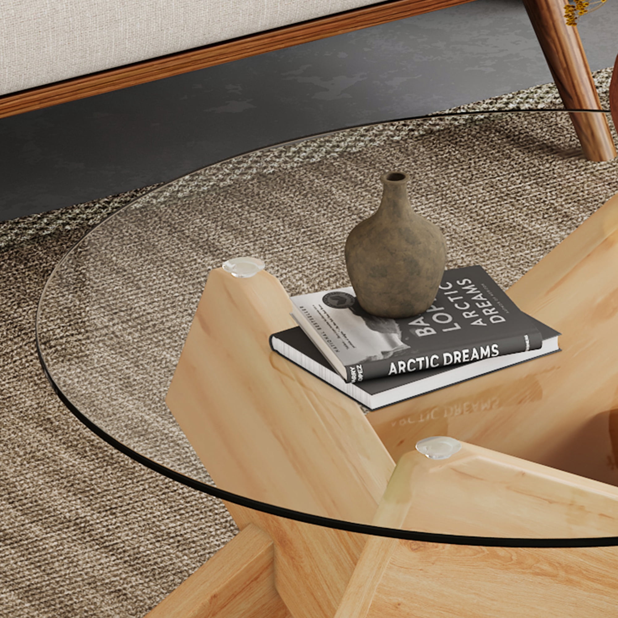 NYEESS 33.4" Inch Oak Round Tempered Glass Coffee Table with MDF Legs, Farmhouse Style Living Room Table