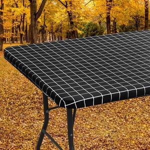 Smiry Fitted Vinyl Tablecloth, Black Check, 30x72in