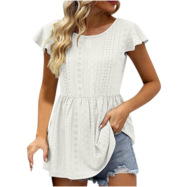 Blusas casuales de manga corta con cuello redondo de color sólido para mujer OAVQHLG3B Store lin121212