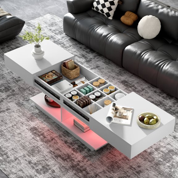 77" Extendable Coffee Table with 16 Color LED Lights, Modern High-Gloss Finish Center Table with Open Shelf and Hidden Compartment for Living Room, White