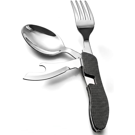 GadgetNestUSA 4-in-1 Stainless Steel Camping Utensil Set ā Spoon, Fork, Knife & Bottle Opener Combo, Portable Backpacking Cutlery for Hiking, Travel & Outdoor Adventure