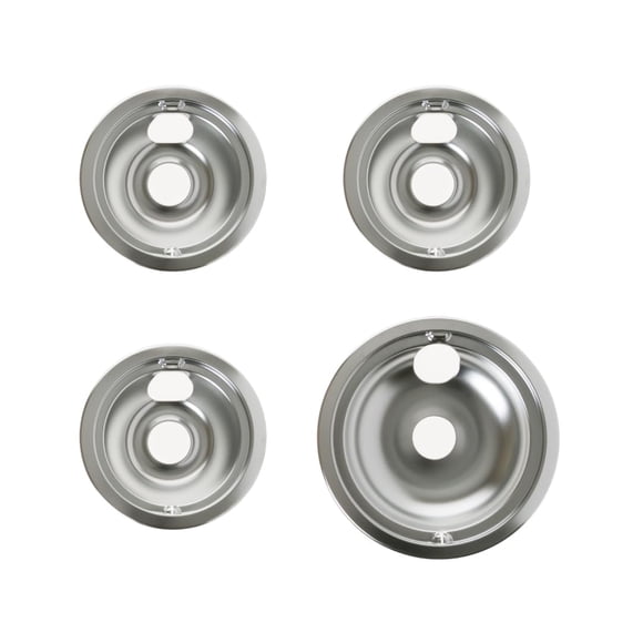GE Stove Drip Pans | Electric Stove Burner Drip Pans | 4 Piece Set, 3-6" and 1-8" Drip Pan Kit | 119204XZ Style B Chrome Range Replacement Stove Burn