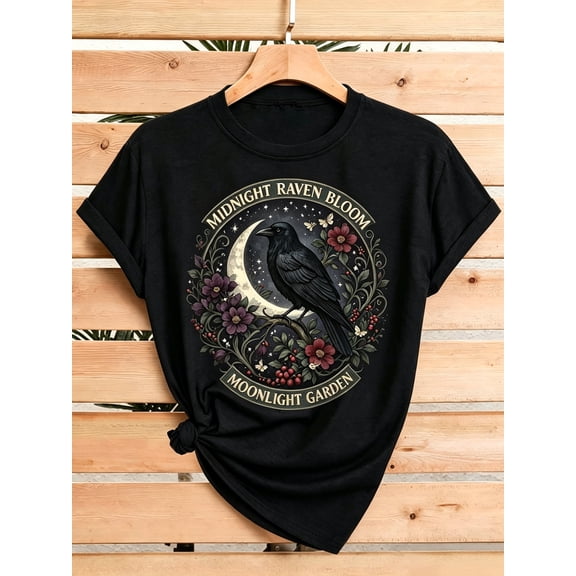 Women Midnight Raven Bloom Moonlight Garden Graphic T-Shirt, Vintage Floral Crow Moon Print Crew Neck Short Sleeve Casual Summer Tee