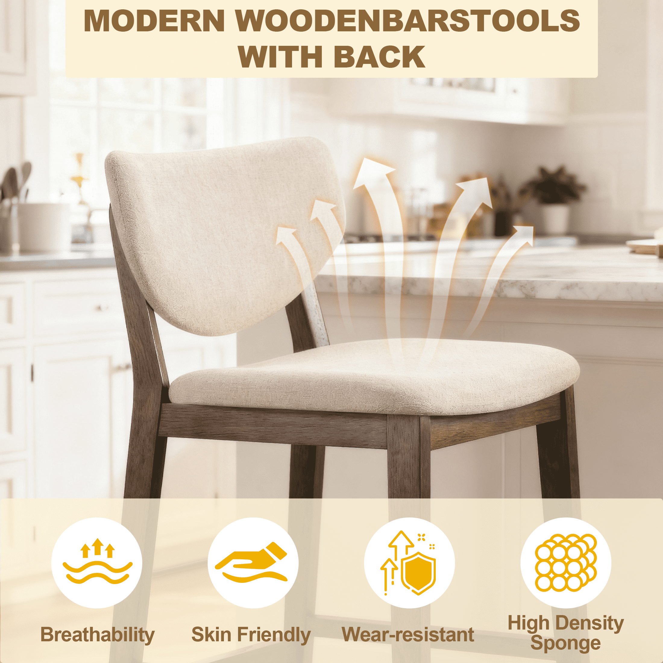 TrumanPick 30" Counter Height Bar Stools Set of 2, Modern Linen Upholstered Barstools with Back & Wood Legs, Farmhouse Kitchen Island Chairs for Dining Room Bar, Beige