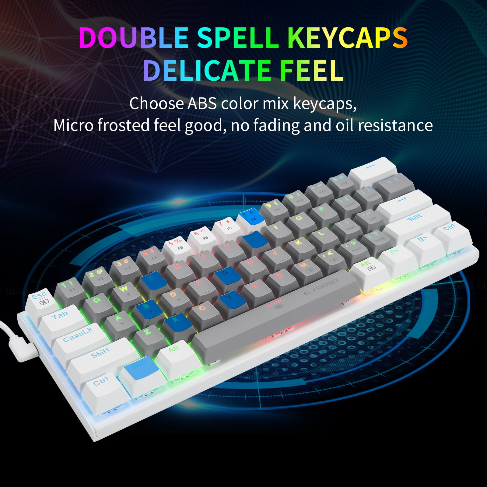 60% Wired Mechanical Gaming Keyboard, E-YOOSO RGB Backlit Ultra-Compact 61 Keys Hot Swappable Mini Waterproof Wired Office Keyboard with Red Switches for Windows, Mac OS Gamers (Grey White)