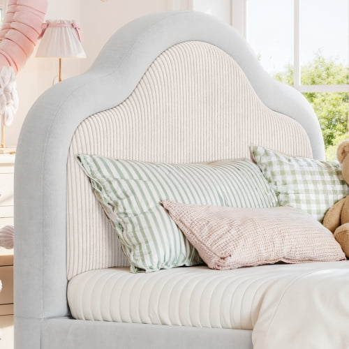 Twin Size Upholstered Kids Floor Bed with Curved Headboard, Safety Side Rails and Storage Pocket, Light Gray
