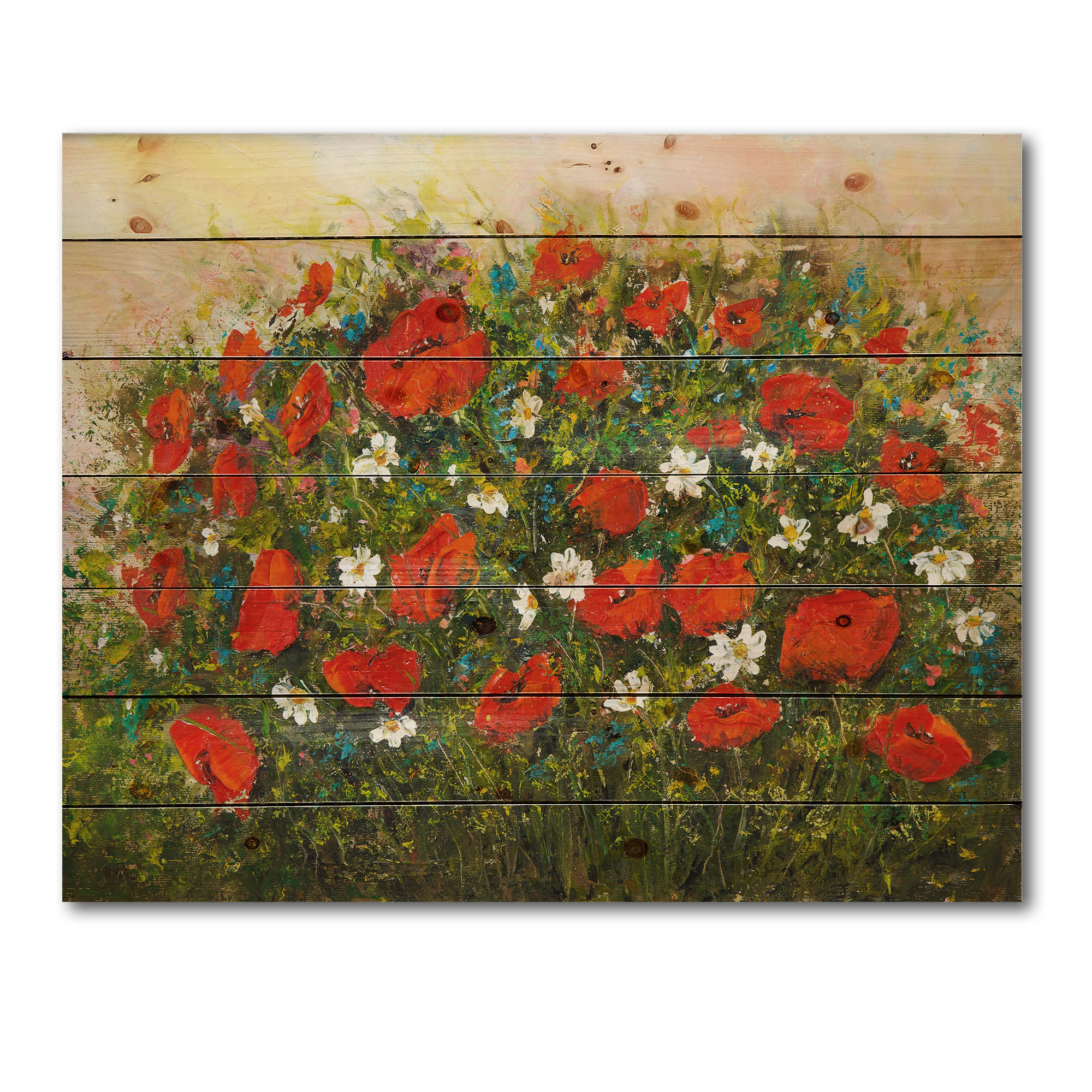 Designart 'The Fields of Red Wildflowers' Traditional Print on Natural Pine Wood