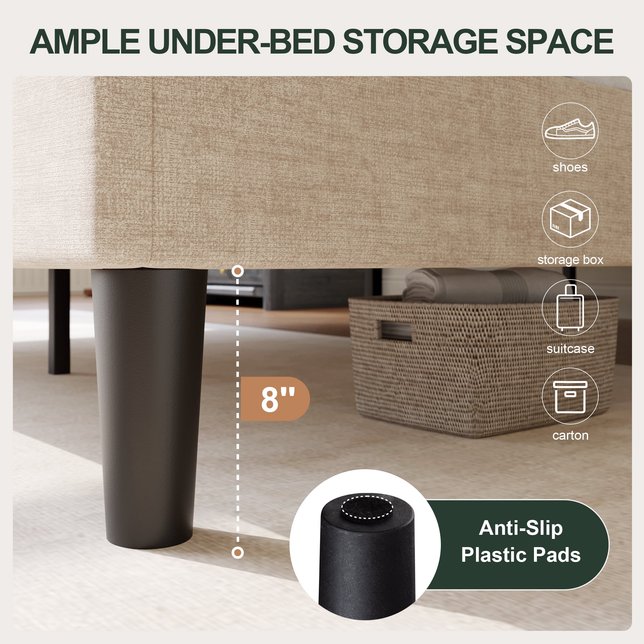 Amolife Queen Bed Frame, Upholstered Platform Bed with Streamlined Adjustable Headboard, No Box Spring Required, Beige, Chenille Fabric