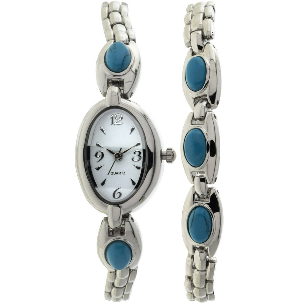 Women's Genuine SemiPrecious Turquoise Stone Accented Oval SilverTone