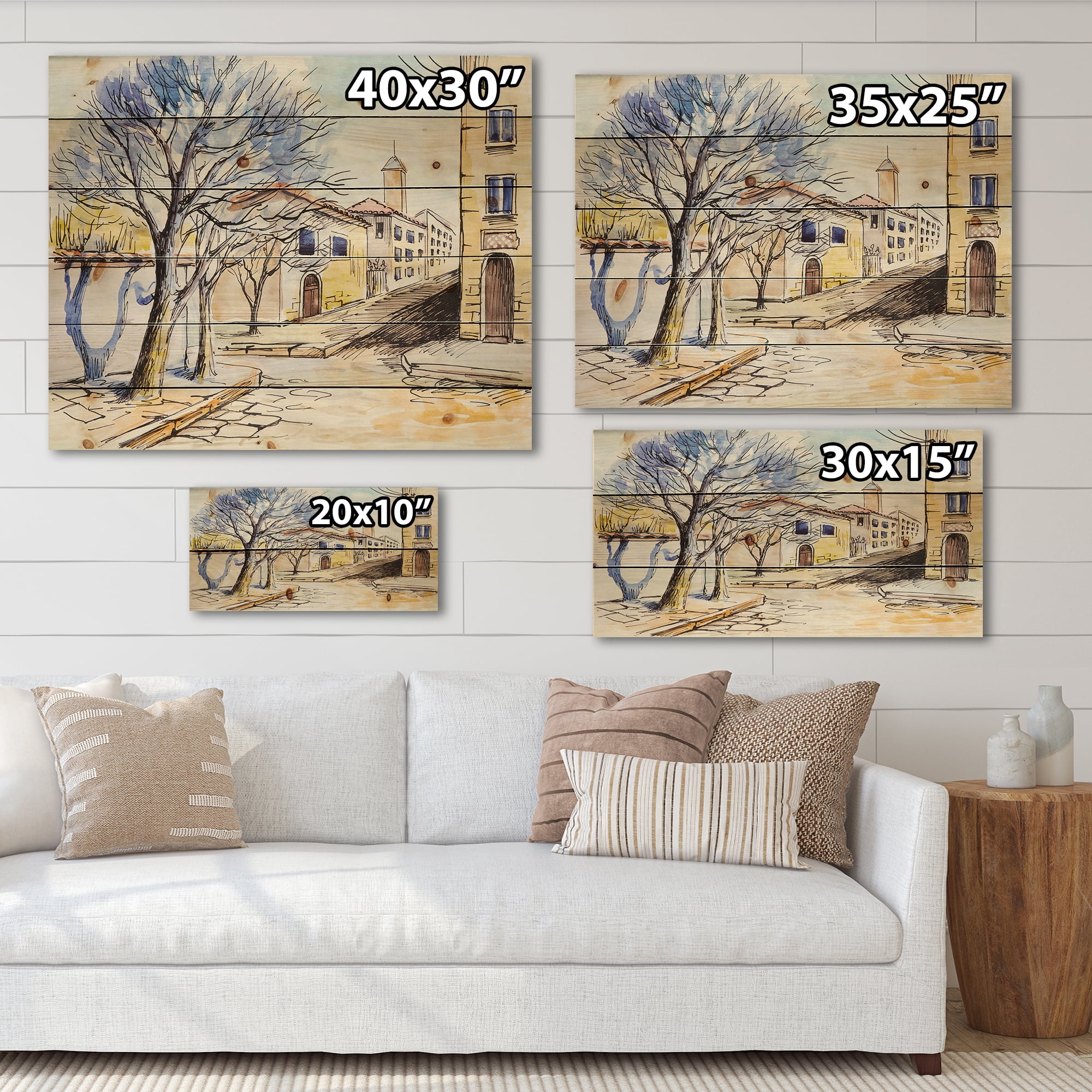 Designart 'Vintage White House In Summer VIllage' Traditional Print on Natural Pine Wood