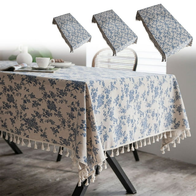 Fiudx Mantel Vintage de Rosas Azules, Tela de Lino y Algodón, Elegante Diseño de Borlas, Decoración para Bodas, Mantel para Picnic, Banquetes En Casa, Tamaño 220 X 140 Cm.