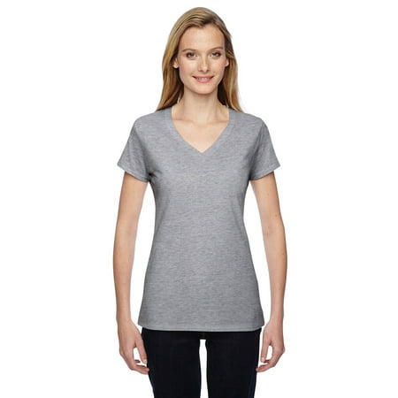 Branded Fruit of the Loom Ladies 47 oz Sofspun Jersey Junior V-Neck T-Shirt - ATHLETIC HEATHER - 2XL (Instant Saving 5% & more on min