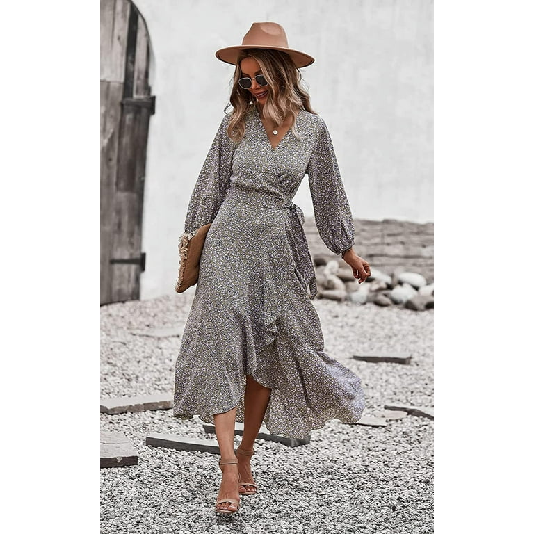 Floral print v neck long sleeve maxi dress deals