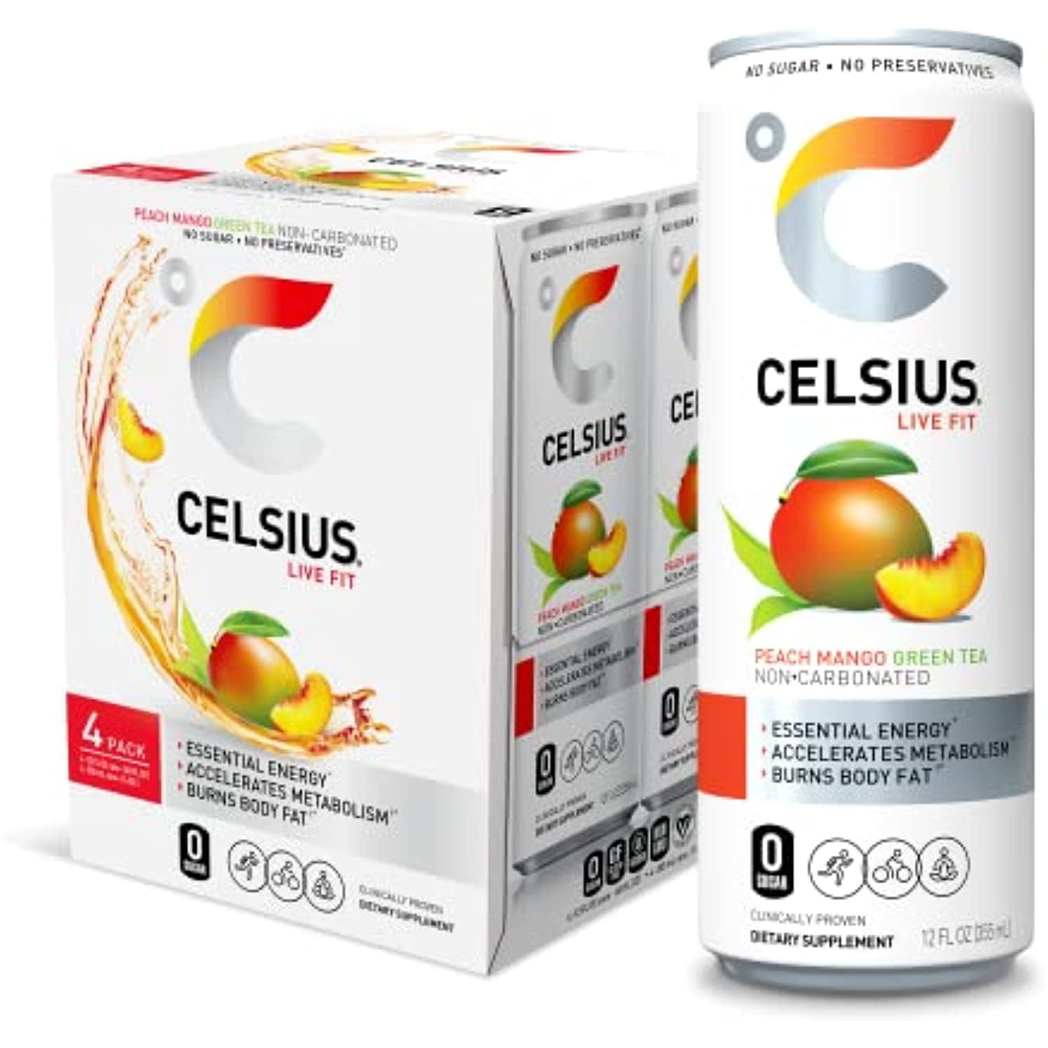 Celsius Essential Energy Drink 12 Fl Oz, Peach Mango Green Tea (Pack Of 4)