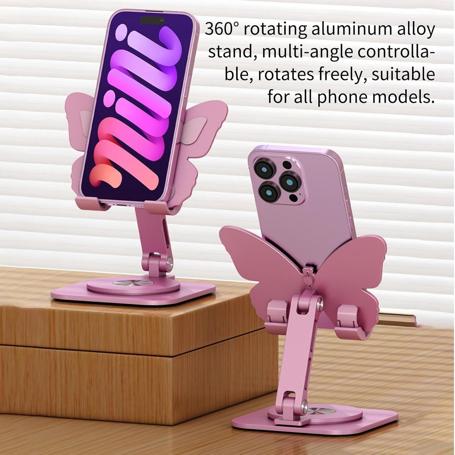 Butterfly Phone Holder Stand, 360° Rotating Aluminum Alloy Desktop Stand – Multi-Angle Adjustable Foldable Dock for Home, Office, Travel, Pink, Compatible with All Smartphones