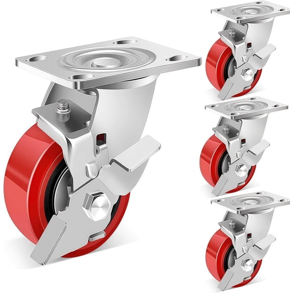 5 Inch Industrial Casters Set of 4, 000 Lbs Heavy Duty Casters with Brake, No Noise Swivel Plate Caster Wheels for Toolbox Workbench, Polyurethane Wheel on Steel Hub, 4 Swivel & Brakes
