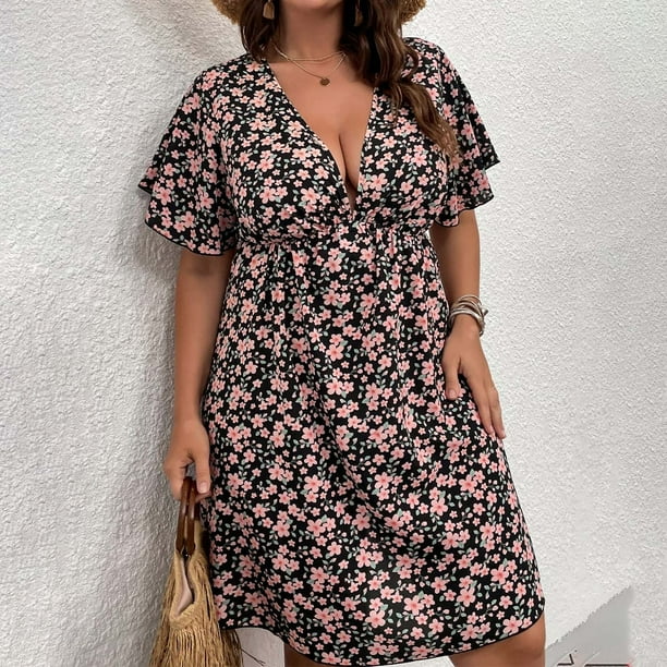 Puntoco Vestido De Manga Corta Con Cuello En V, Estampado De Verano Para Mujer, Talla Grande, Suelto, Rosa Xl