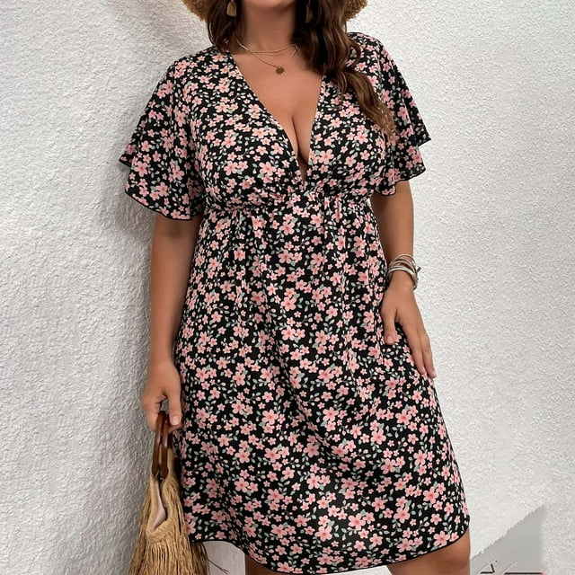 EGNMCR Robes de Vacances pour Femmes Grande Taille Été Décontracté Manches Courtes Col en V Imprimé Manches Robes Robe Ample