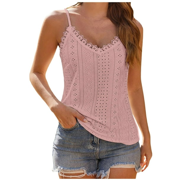 Camiseta sin mangas con cuello en V y encaje para mujer - Tirantes finos ajustables, blusa de verano holgada, tallas S-XL