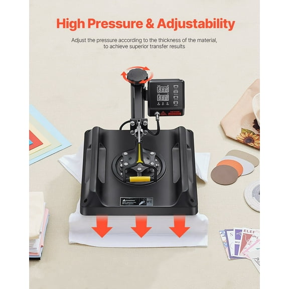 15x15 Inch Sublimation Heat Press Machine - 8-in-1 Combo with Mug, Hat & Plate Press Attachment (Black, Digital Control)