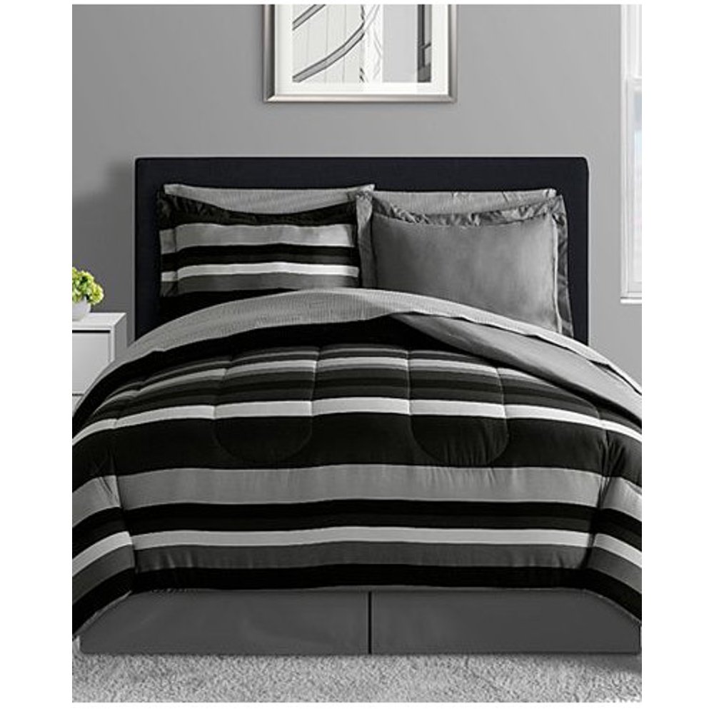 Black, Gray & White Teen Boys Reversible Stripe Twin Comforter Set (6