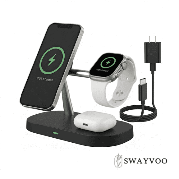 Swayvoo 3-in-1 Wireless Charging Station, Up to 15W Fast Wireless Charger for Compatible iPhone, Apple Watch and AirPods, Magnetic Phone Stand Black