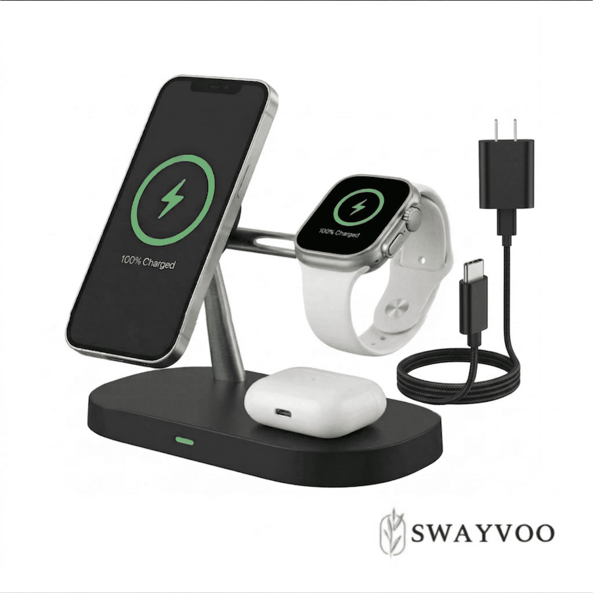 Swayvoo 3-in-1 Wireless Charging Station, Up to 15W Fast Wireless Charger for Compatible iPhone, Apple Watch and AirPods, Magnetic Phone Stand Black