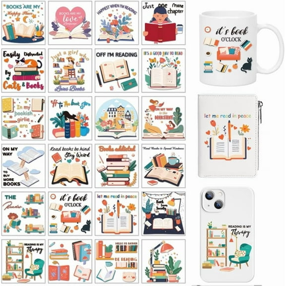 24 Pcs Book Theme UV DTF Cup Wrap Booklover UV DTF Transfer Sticker for 16 oz Coffee Cups Booklover Quotes Design Rub on Decals Waterproof PVC Transfer Stickers 8x8cm colorful DIY
