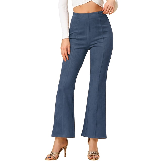 Pantalones Flare Sólidos de Mujer INSPIRE CHIC con Cremallera Lateral Oculta de Suede Sintético Talla XL Color Azul Marino