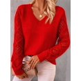 thumbnail image 4 of Women V Neck Knit Hollow Openwork Lantern Long Sleeve Ribbed Cuff Loose Fit Knit Pullover Sweater Red S, 4 of 8