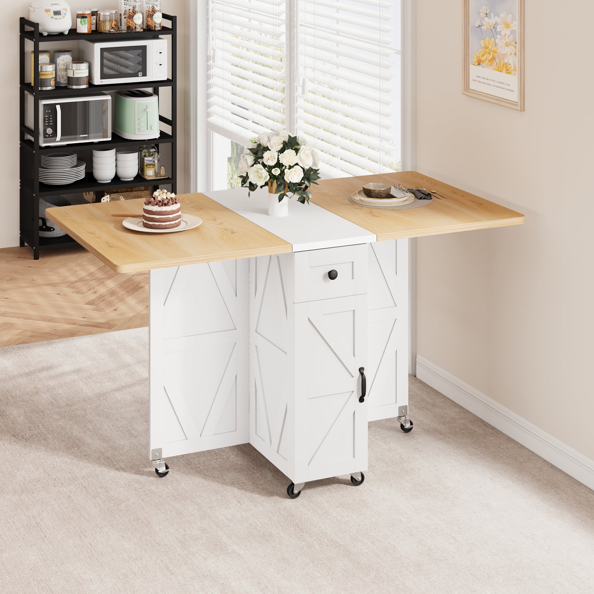 Cocosity Space Saving Versatile Folding Kitchen Dining Table with Wheels & Storage Shelf for Small Apartment